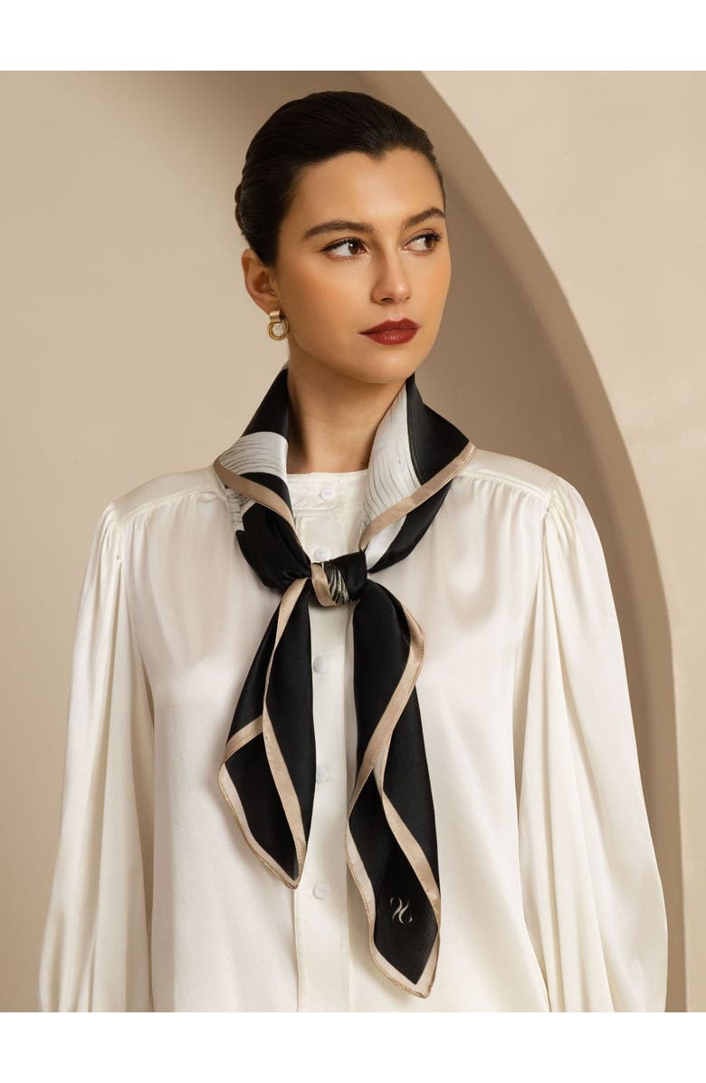 SILKSILKY Pure Silk White Ribbon Square Scarf, Alternate, color, Black