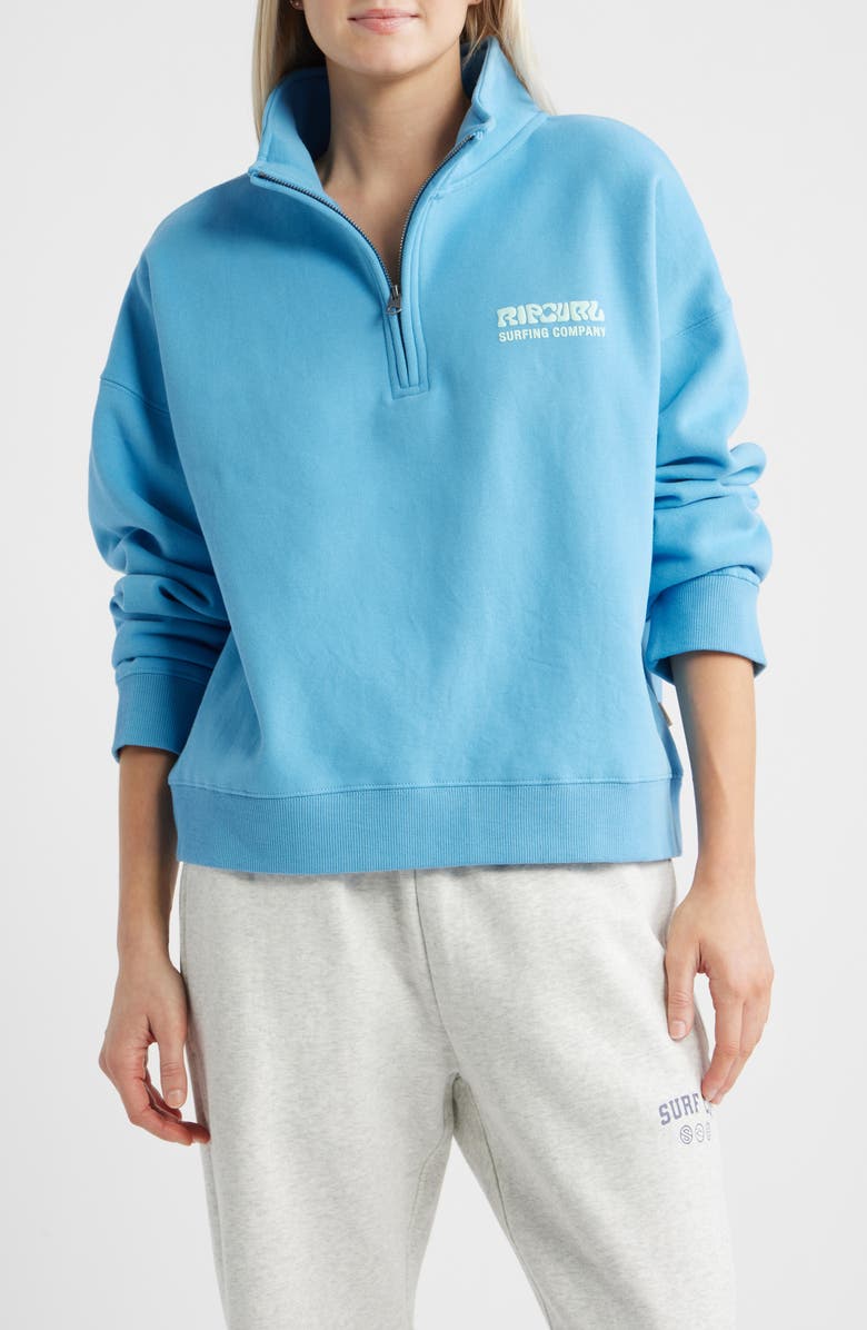 Rip Curl Surf Puff Logo Quarter Zip Sweatshirt, Main, color, Azure Blue