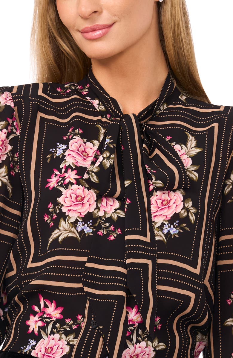 Ted Baker Alba Floral Tie Neck Shirt, Alternate, color, Rich Black