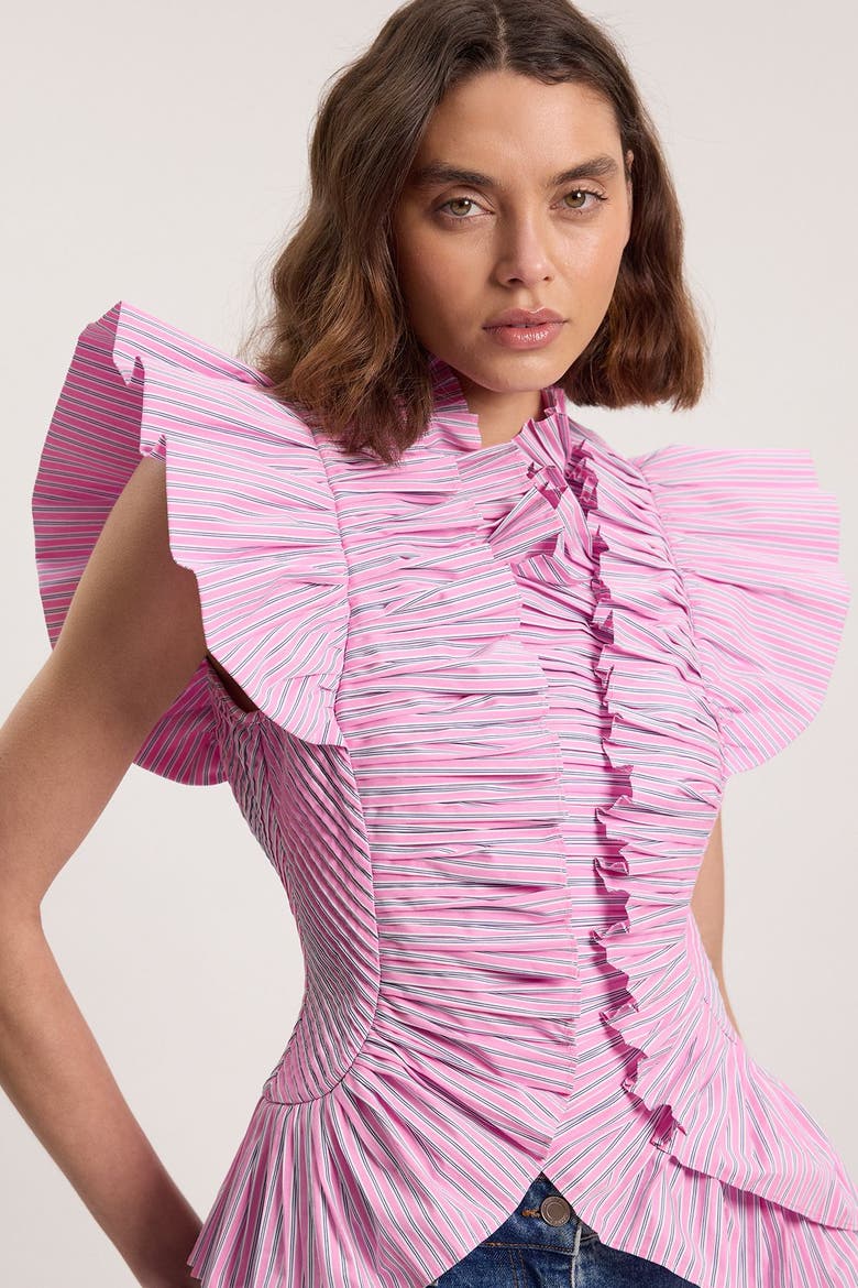 High Neck Ruffle Sleeve Top, Alternate, color, Pink