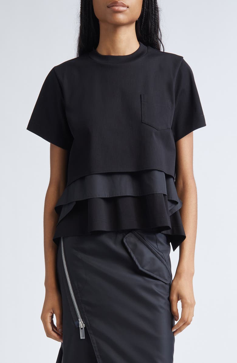 Sacai Mixed Media Poplin & Jersey Pocket T-Shirt, Main, color, Black/ Black