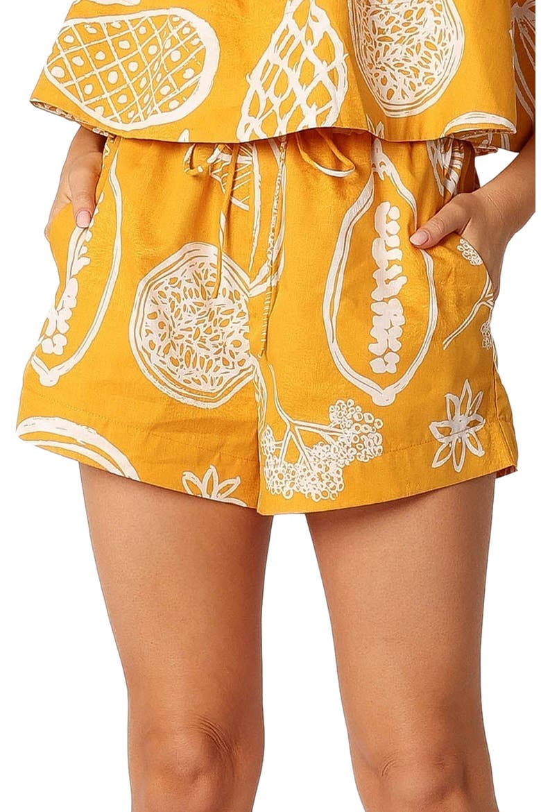 Honey Mixed Print Cotton & Linen Drawstring Shorts, Main, color, YELLOW