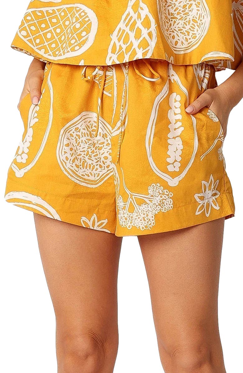Petal & Pup Honey Mixed Print Cotton & Linen Drawstring Shorts, Main, color, Yellow