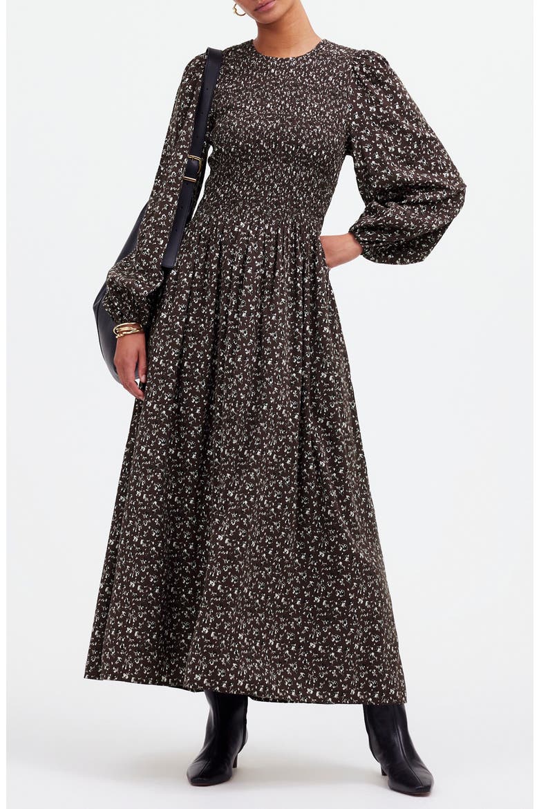 Selena Long Sleeve Smock Bodice Cotton Blend Midi Dress, Main, color, DARK CAROB