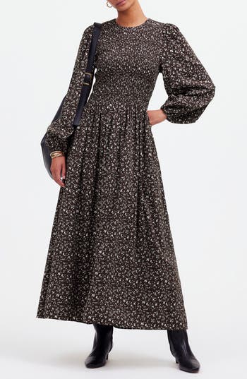 Madewell Selena Long Sleeve Smock Bodice Cotton Blend Midi Dress In Dark Carob