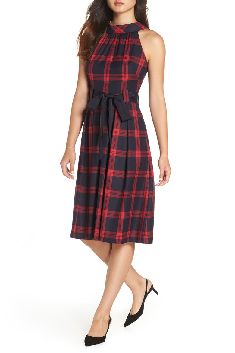 Jacquard Fit & Flare Dress, Main, color, RED- NAVY PLAID