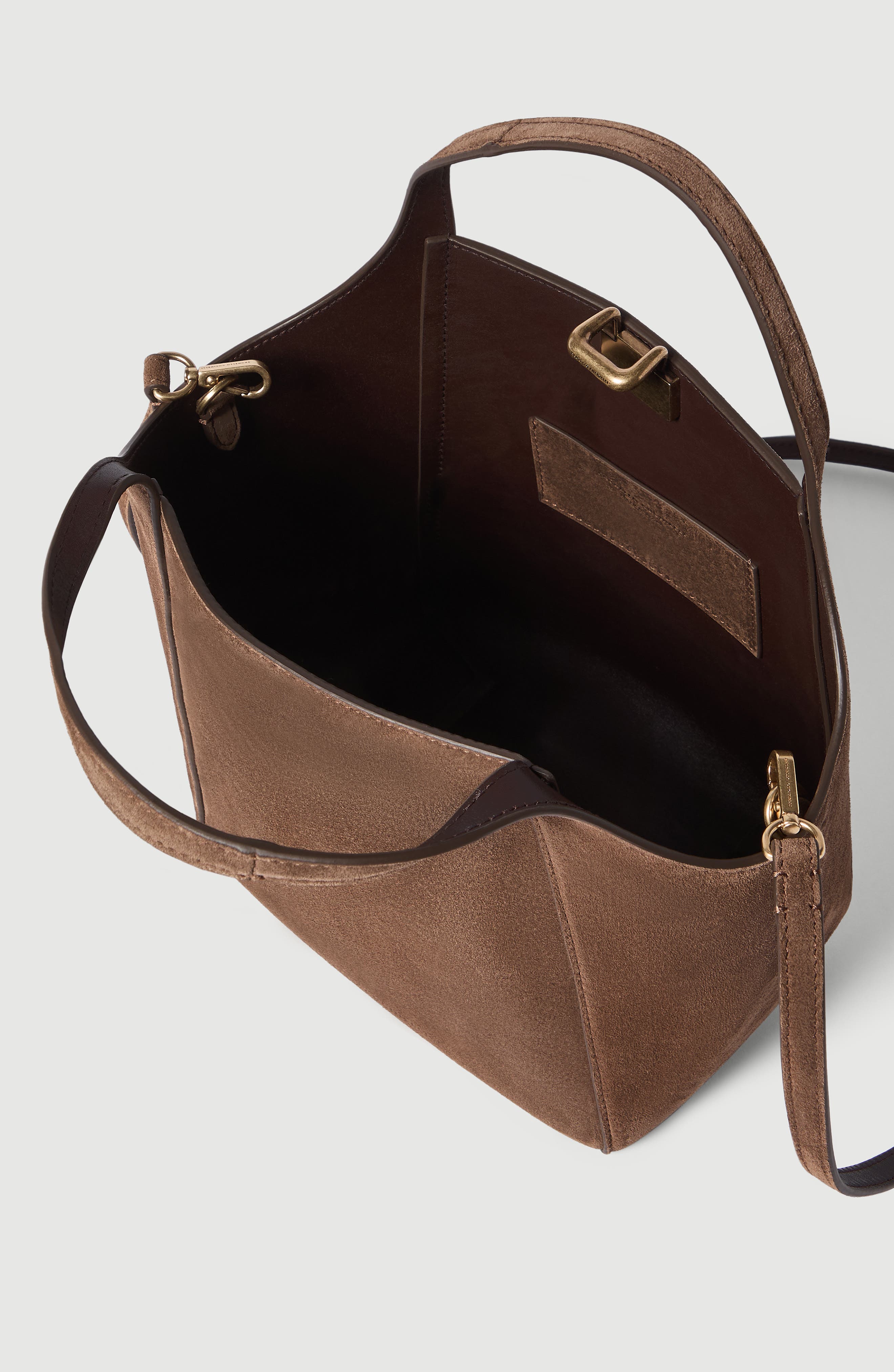 Sartorial small bucket bag in suede, Alternate, color, Caramel