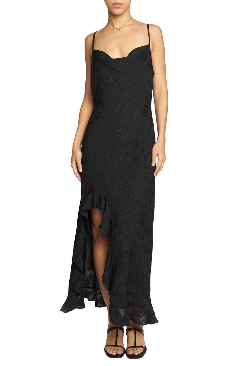 Brocade Ruffle Dress, Main, color, BLACK