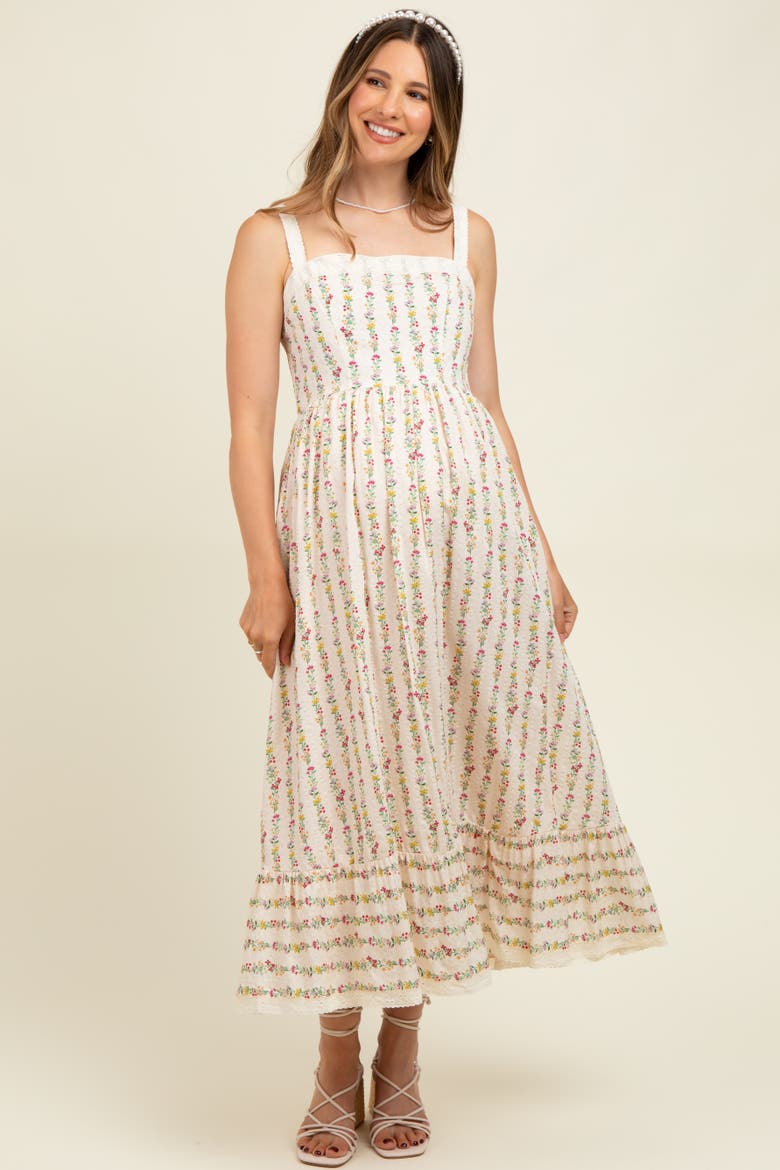 Floral Textured Cotton Lace Trim Maxi Dress, Alternate, color, Cream