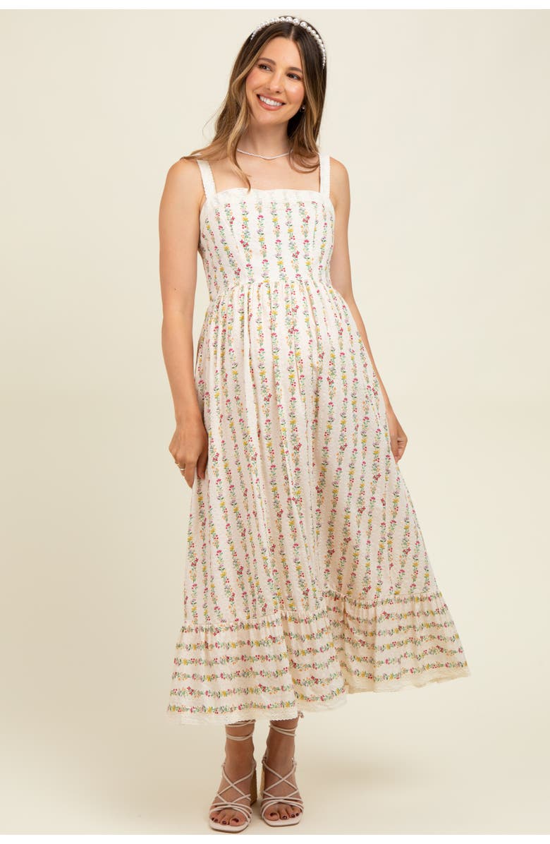 PinkBlush Floral Textured Cotton Lace Trim Maxi Dress, Alternate, color, Cream