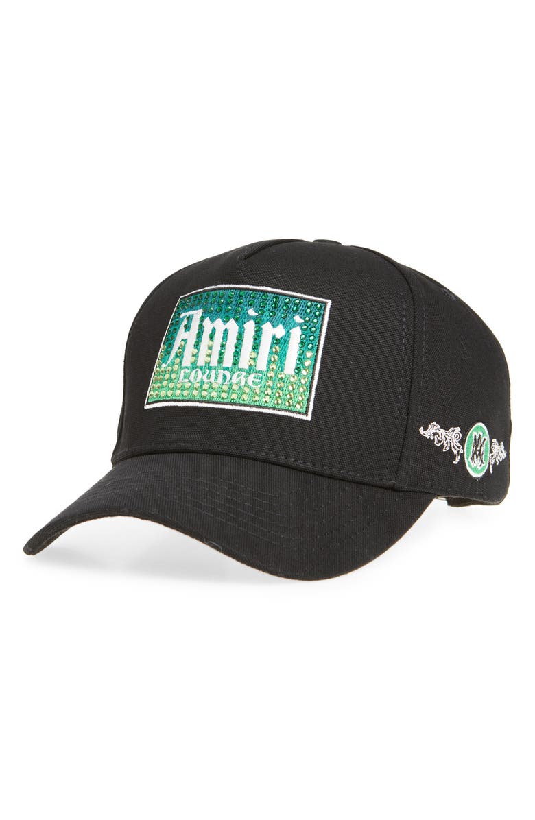 AMIRI Logo Lounge Box Crystal Embellished Adjustable Baseball Cap, Main, color, Black