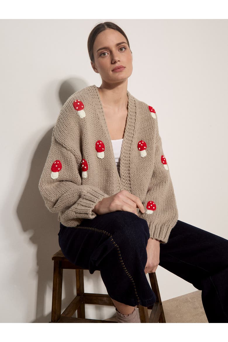 Mushroom Hand Knit Open Cardigan, Alternate, color, Brown