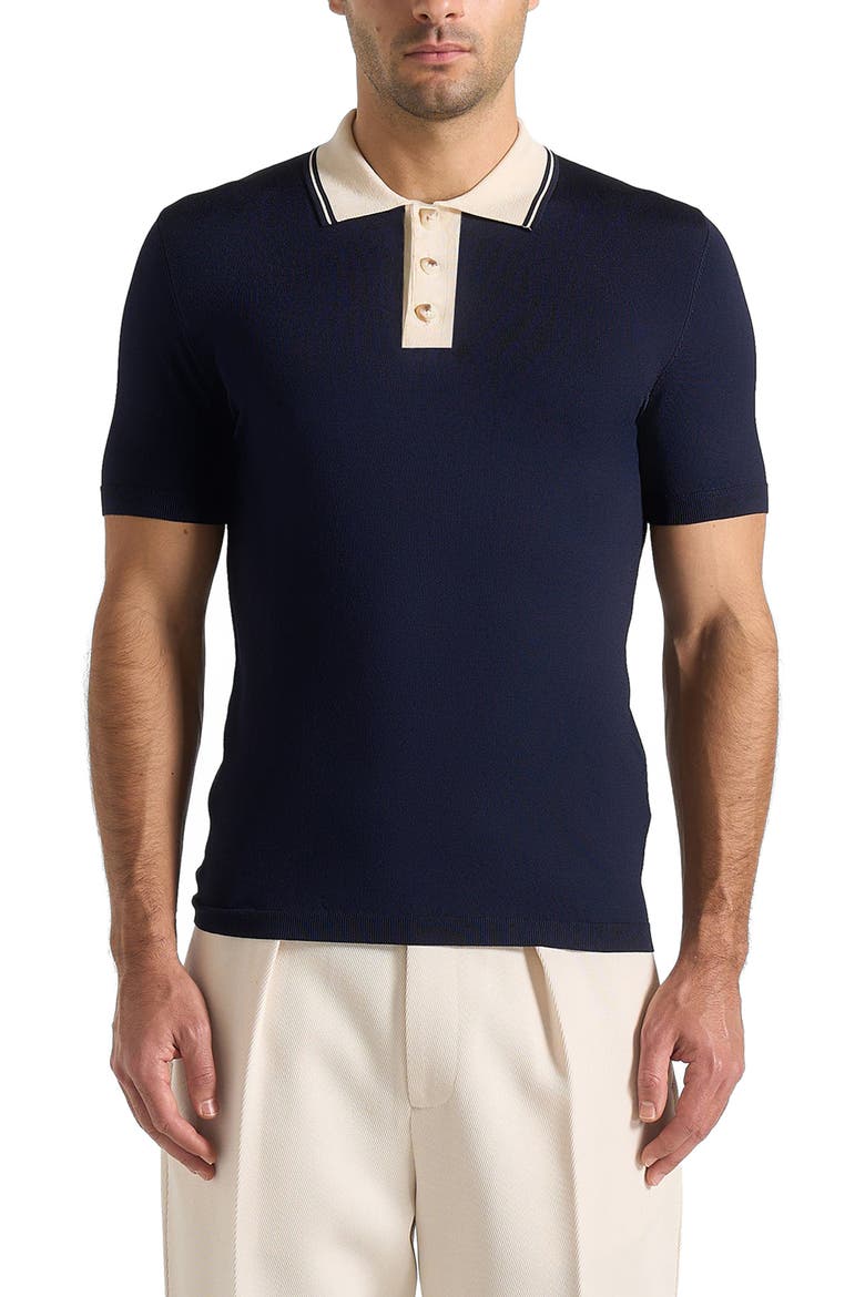 Roux Contrast Detail Luxe Knit Polo Shirt, Main, color, Navy