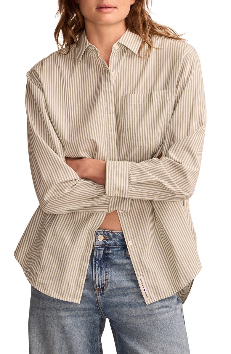 Lucky Brand Stripe Oversize Button Back Cotton Button-Up Shirt, Main, color, Green Stripe