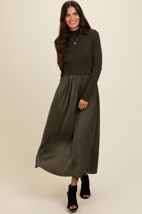 Knit Contrast Top Satin Midi Dress