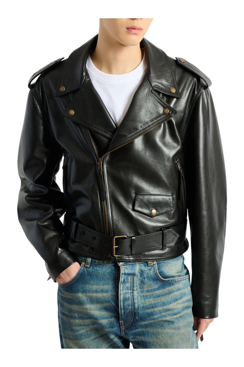 Textured leather biker jacket, Alternate, color, black