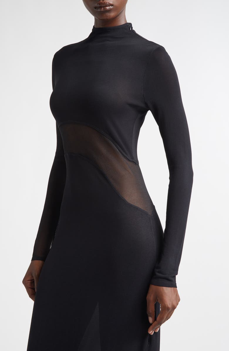 Alaïa Mesh Inset Long Sleeve Jersey Dress, Alternate, color, Noir Alaia