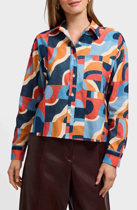 Marina Geo Print Cotton Corduroy Button-Up Shirt
