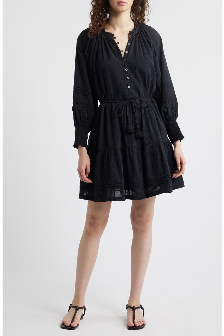 Meadow Long Sleeve Cotton Seersucker Minidress, Main, color, BLACK