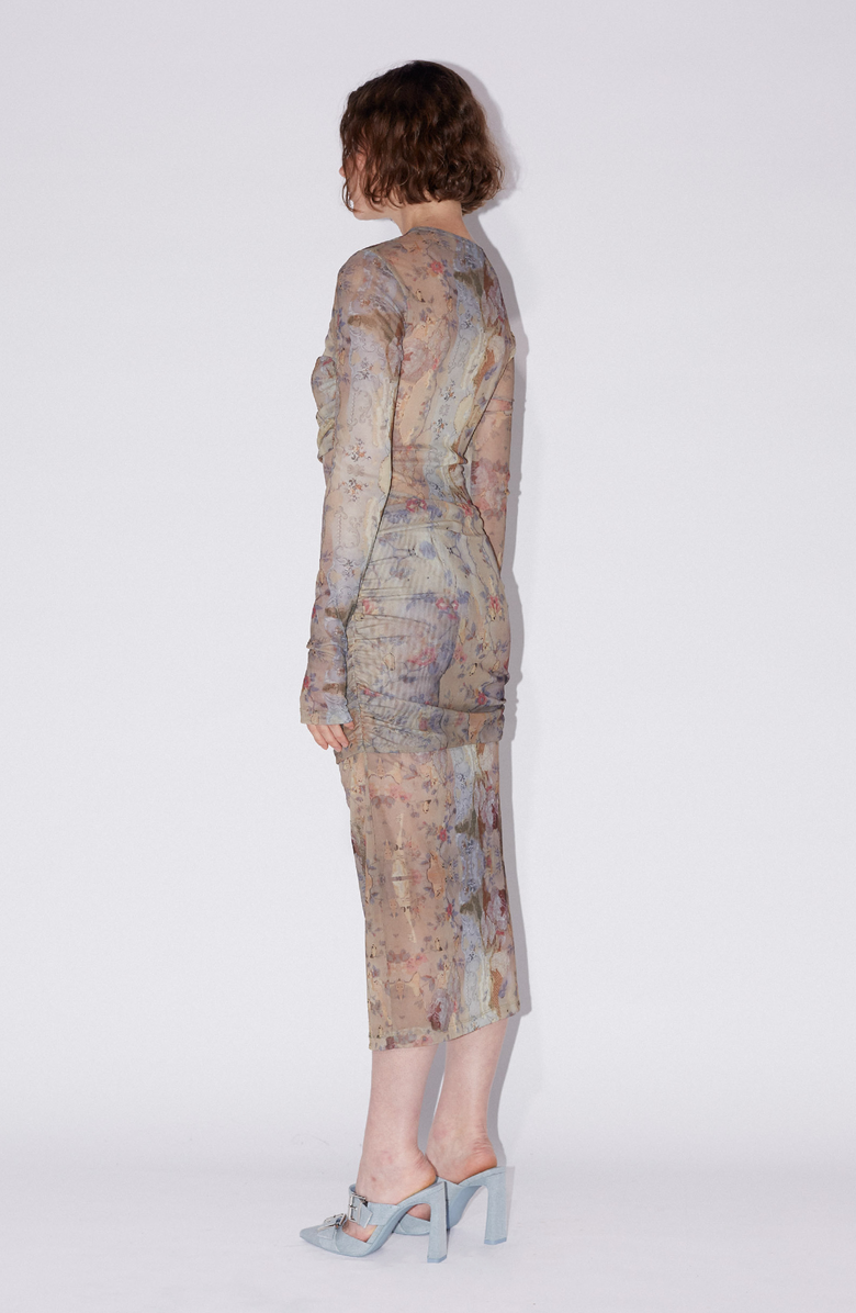 SAEMDI Floral Draped Mesh Dress, Alternate, color, Beige Floral Print