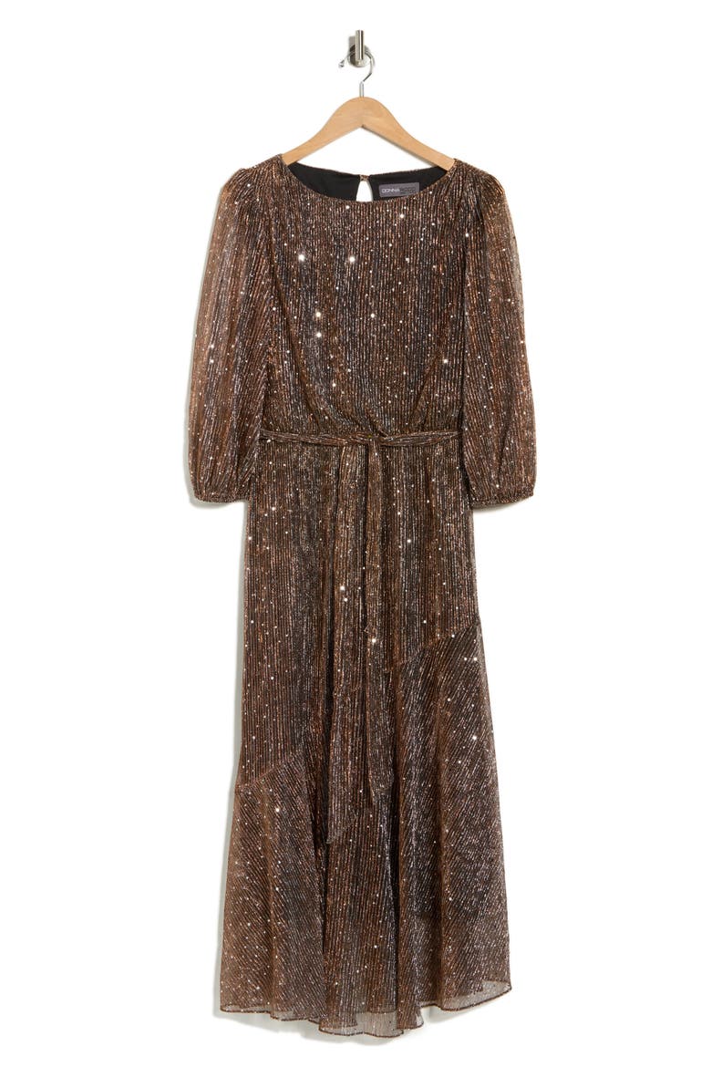 Balloon Sleeve Metallic Plissé Midi Dress, Alternate, color, COPPER