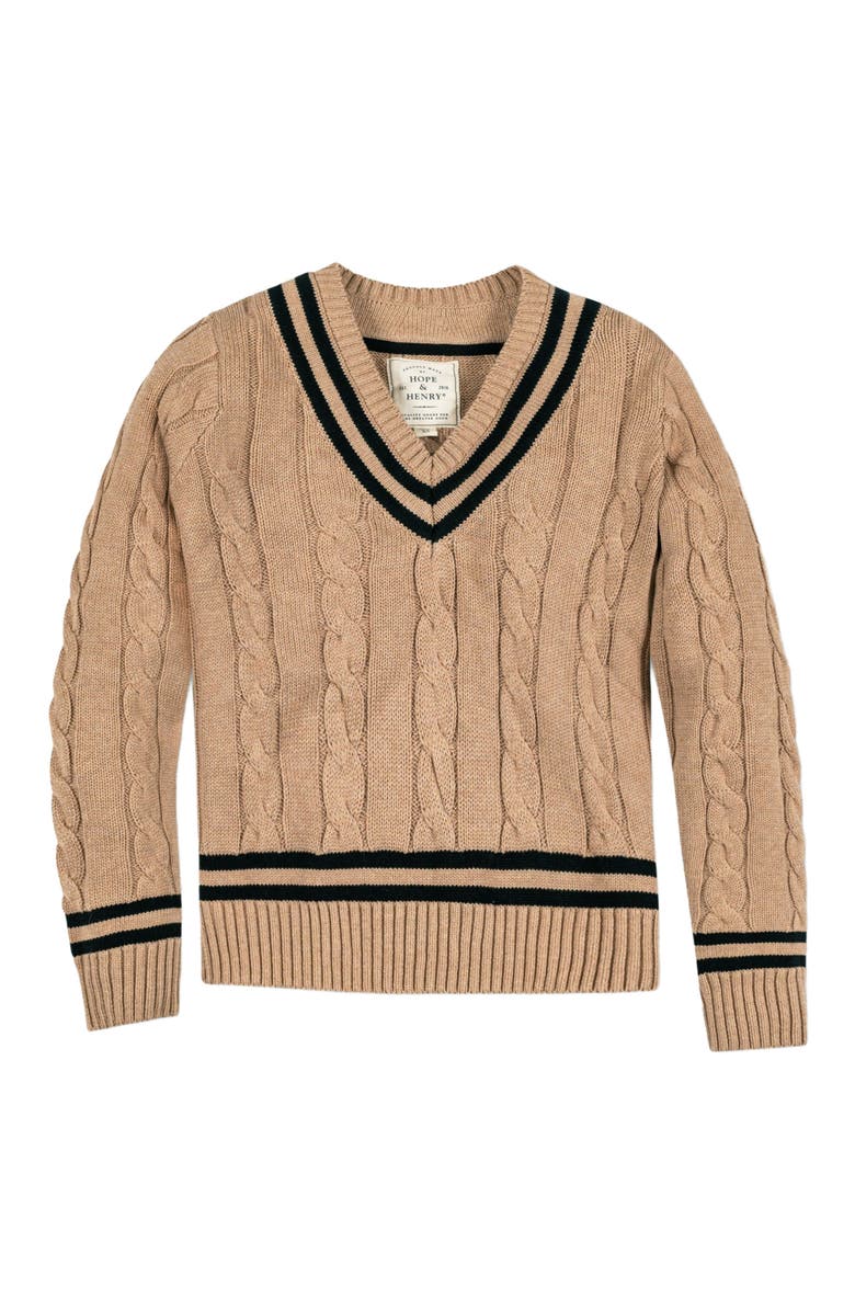 Hope & Henry Women's Organic V-Neck Cricket Sweater, Alternate, color, Camel Heather With Black