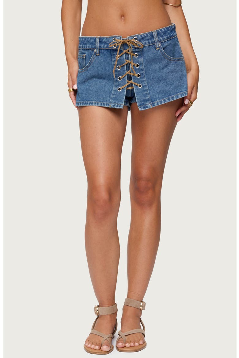 Olivera Lace Up Denim Mini Skort, Main, color, BLUE-WASHED