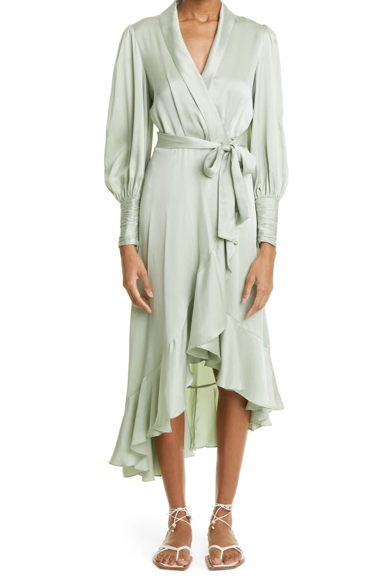 Dancer Asymmetric Ruffle Silk Midi Wrap Dress, Main, color, SAGE