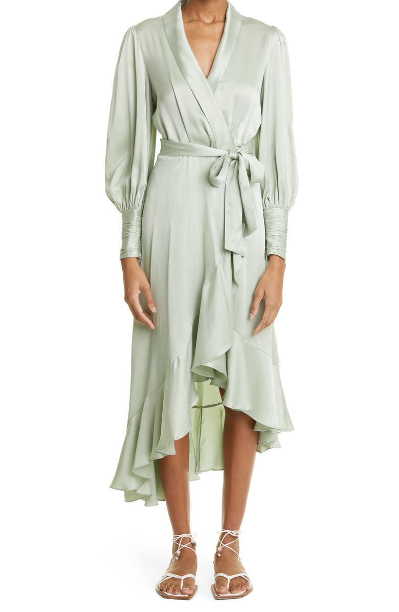 Zimmermann Dancer Asymmetric Ruffle Silk Midi Wrap Dress, Main, color, 