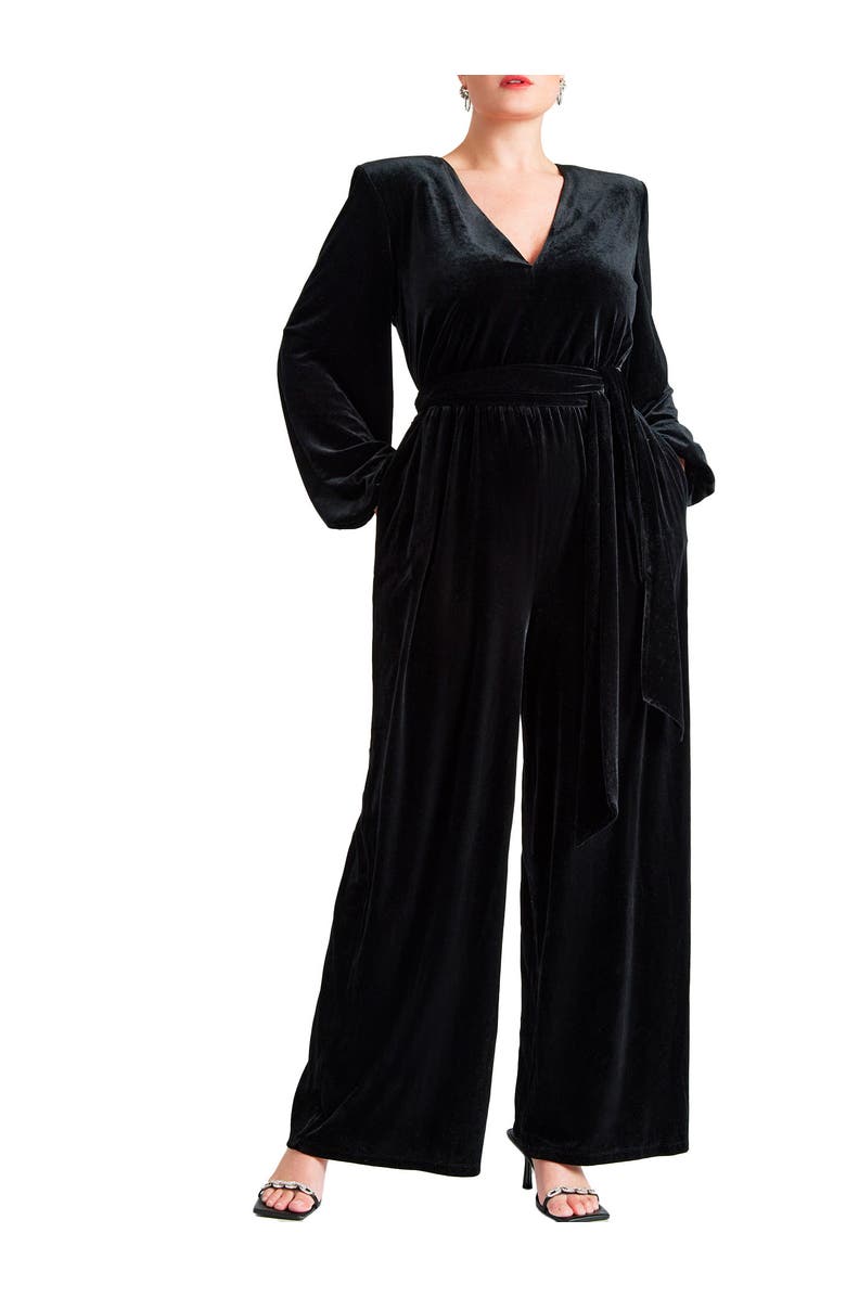ELOQUII Velvet Wide Leg Jumpsuit, Main, color, Black Onyx