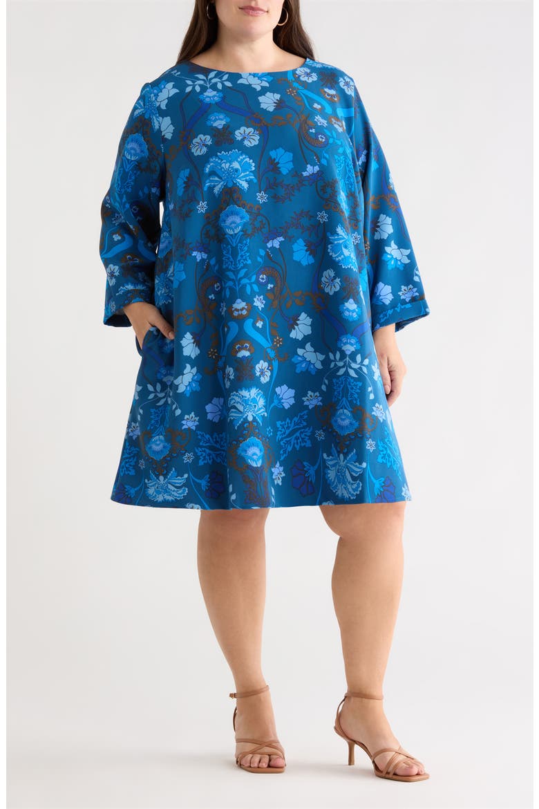 Palmate Floral Shift Minidress, Main, color, TEAL-BLUE