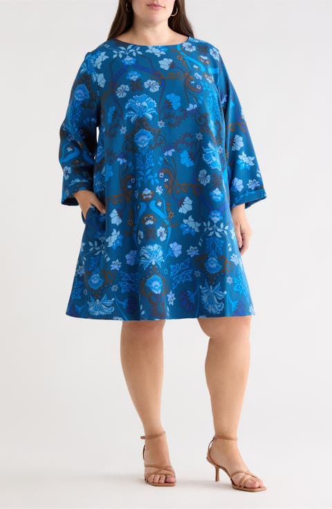 Palmate Floral Shift Minidress (Plus)
