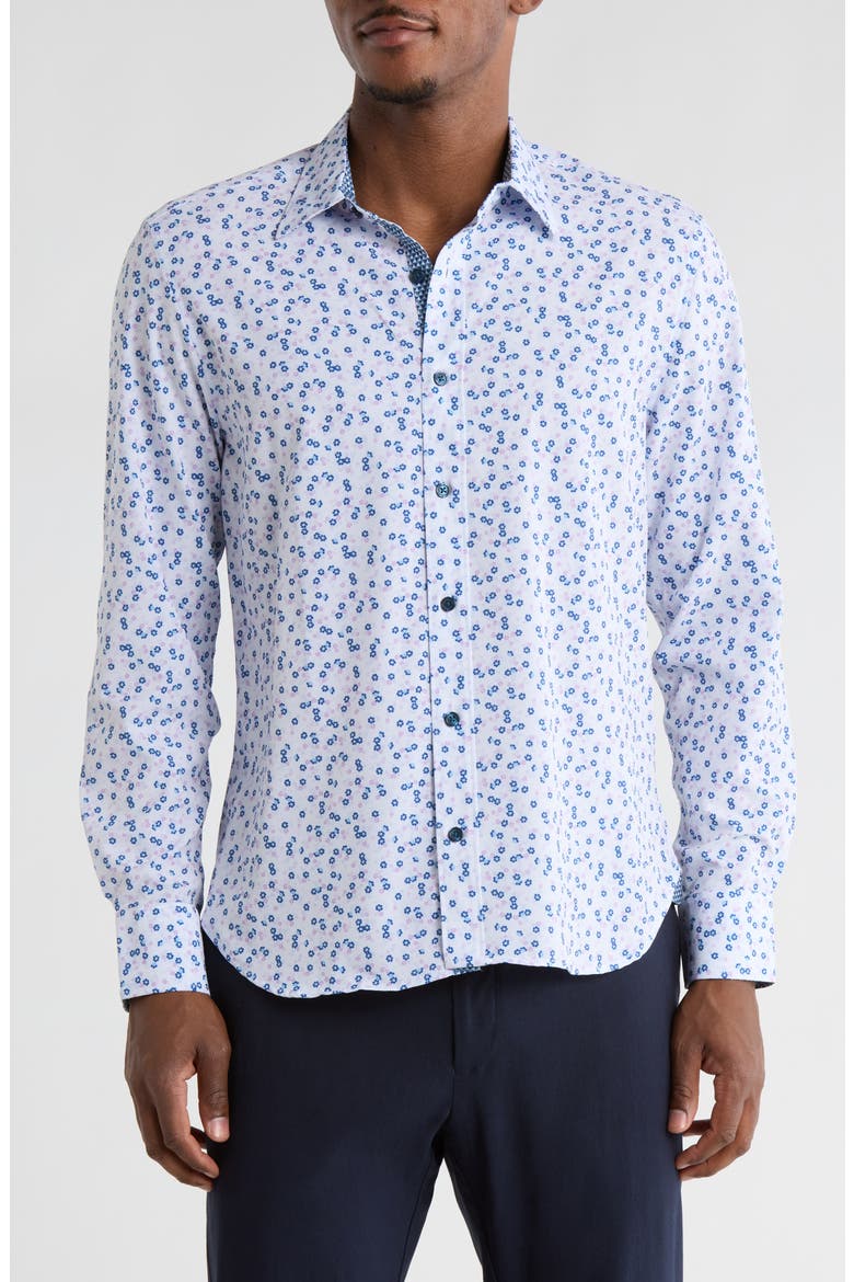 Daisy Floral Print Stretch Dress Shirt, Main, color, WHITE/ PURPLE