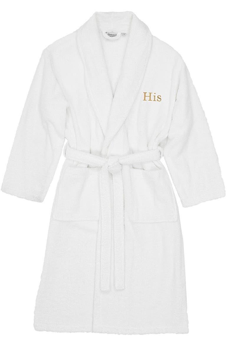 Embroidered 'His' Terry Bathrobe, Main, color, WHITE