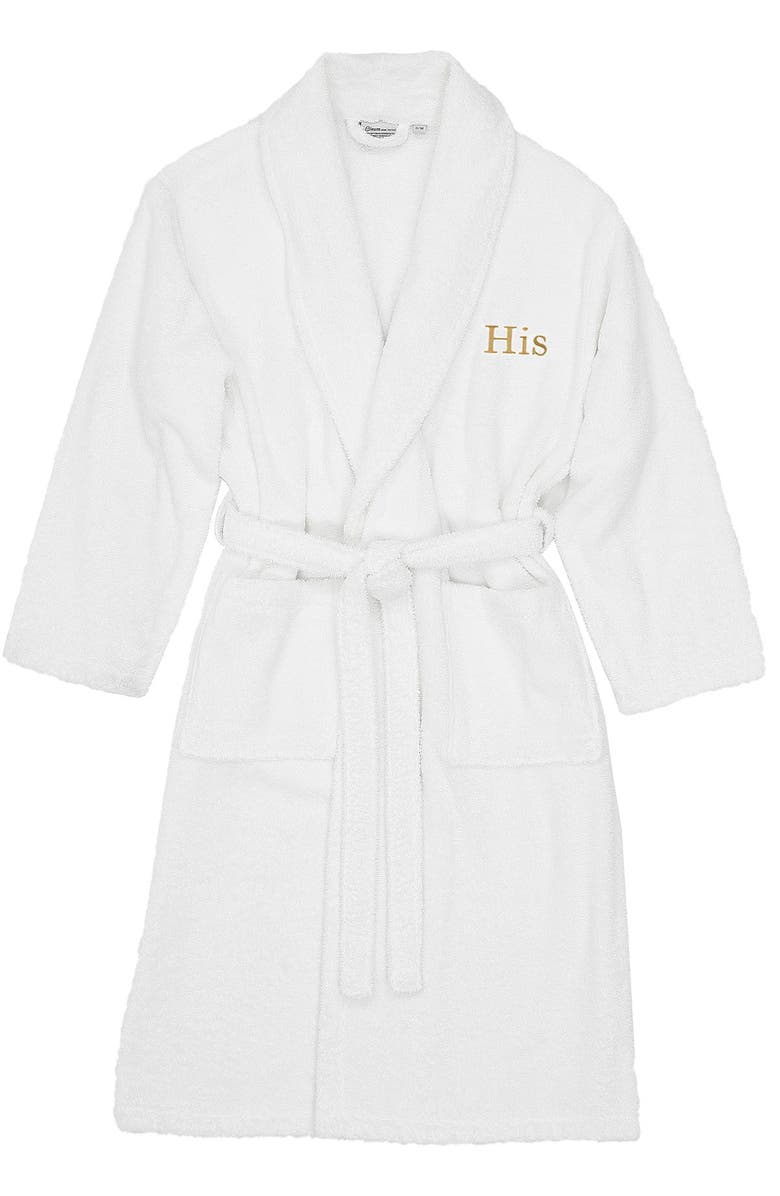 Linum Home Textiles Embroidered 'His' Terry Bathrobe, Main, color, White