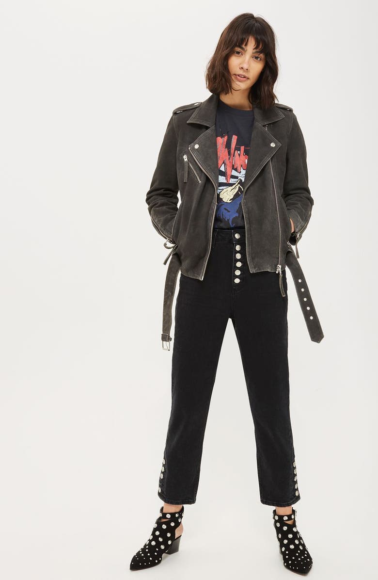 Topshop Moon Suede Biker Jacket, Alternate, color, 