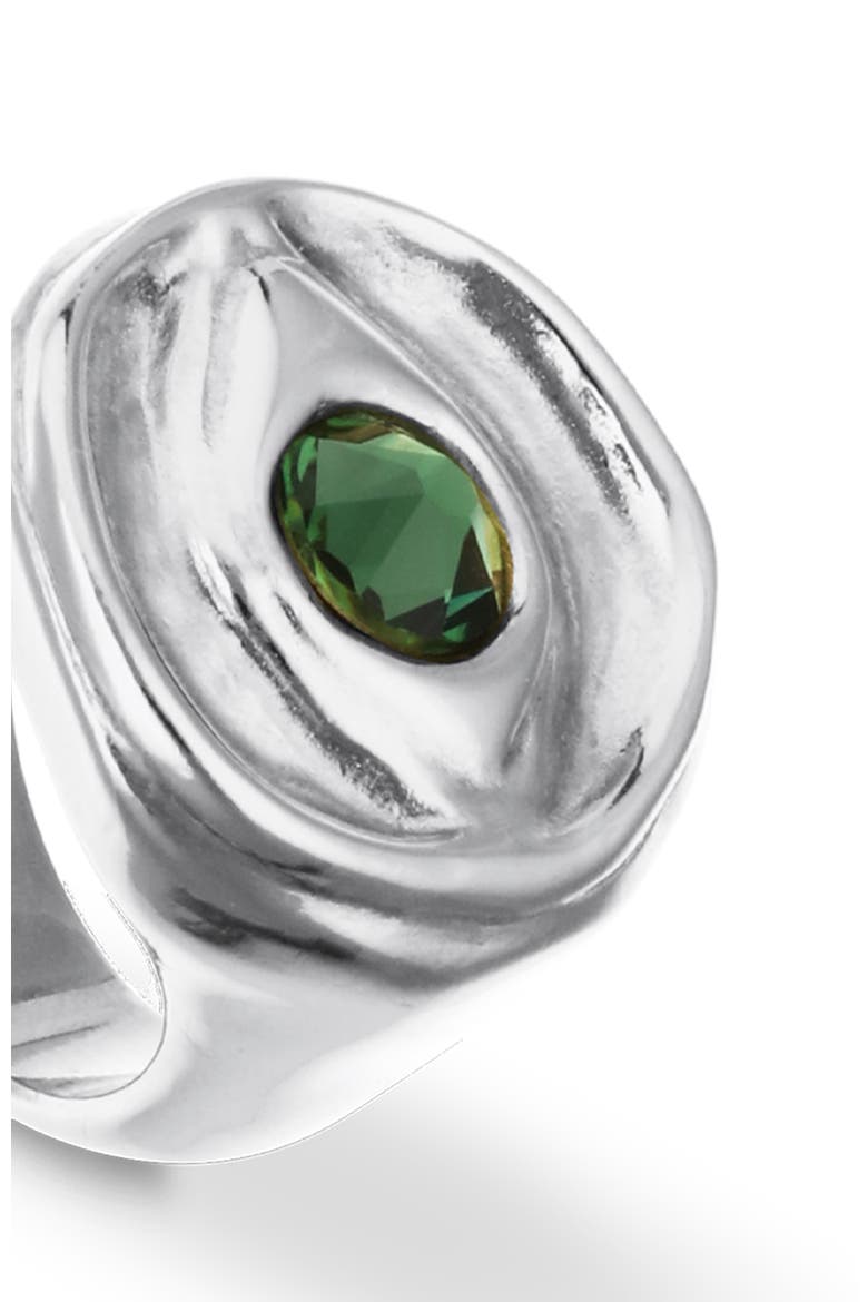 Sterling Silver Plated Signet Ring in the Shape of an Eye with Green Faceted Crystal, Alternate, color, Silver