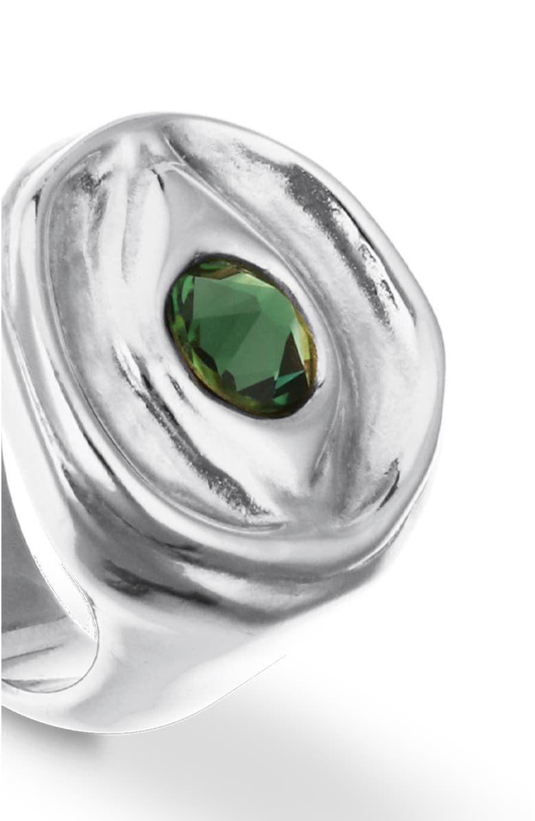UNODE50 Sterling silver plated signet ring in the shape of an eye with green faceted crystal, Alternate, color, Silver