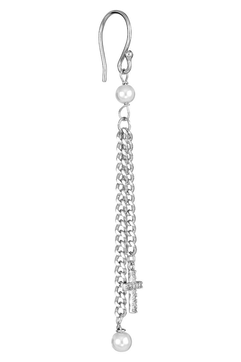Imitation Pearl & Cross Linear Drop Earrings, Alternate, color, SILVER