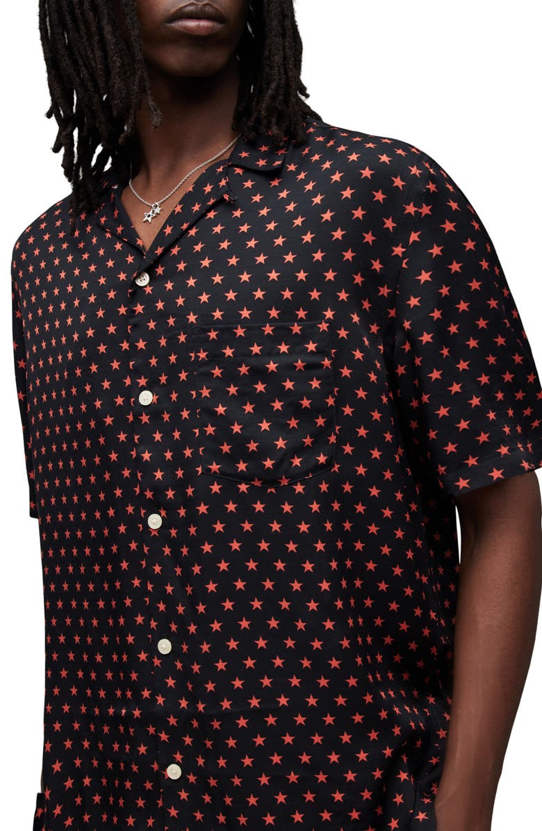 AllSaints Stellar Mass Relaxed Fit Star Print Camp Shirt, Alternate, color, Jet Black