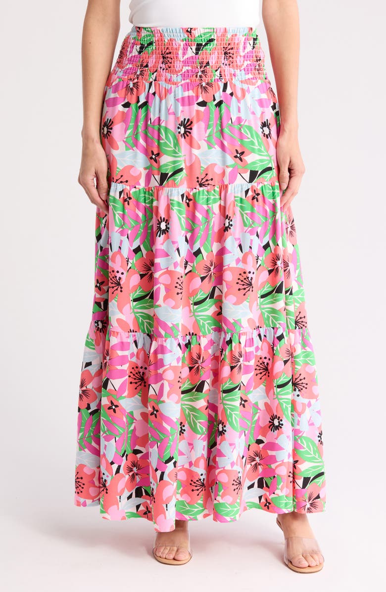BY DESIGN Laura Floral Smocked Waist Tiered Maxi Skirt, Main, color, Floral Palette
