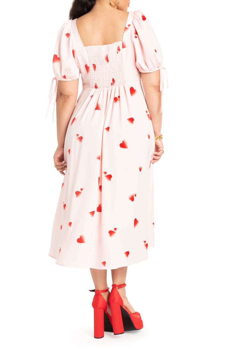 ELOQUII Heart Print Puff Sleeve Satin Midi Dress, Alternate, color, 