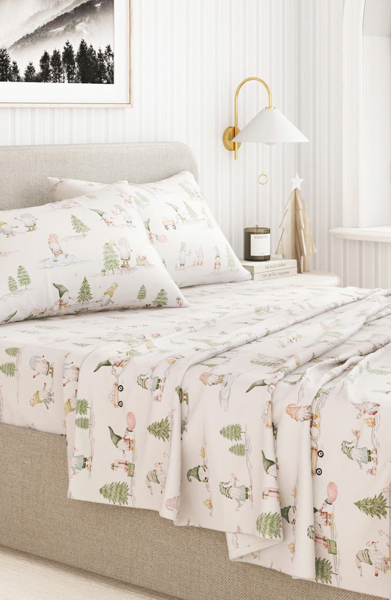 Woven & Weft Turkish Cotton Flannel Holiday Sheet Set, Alternate, color, Yuletide Gnomes