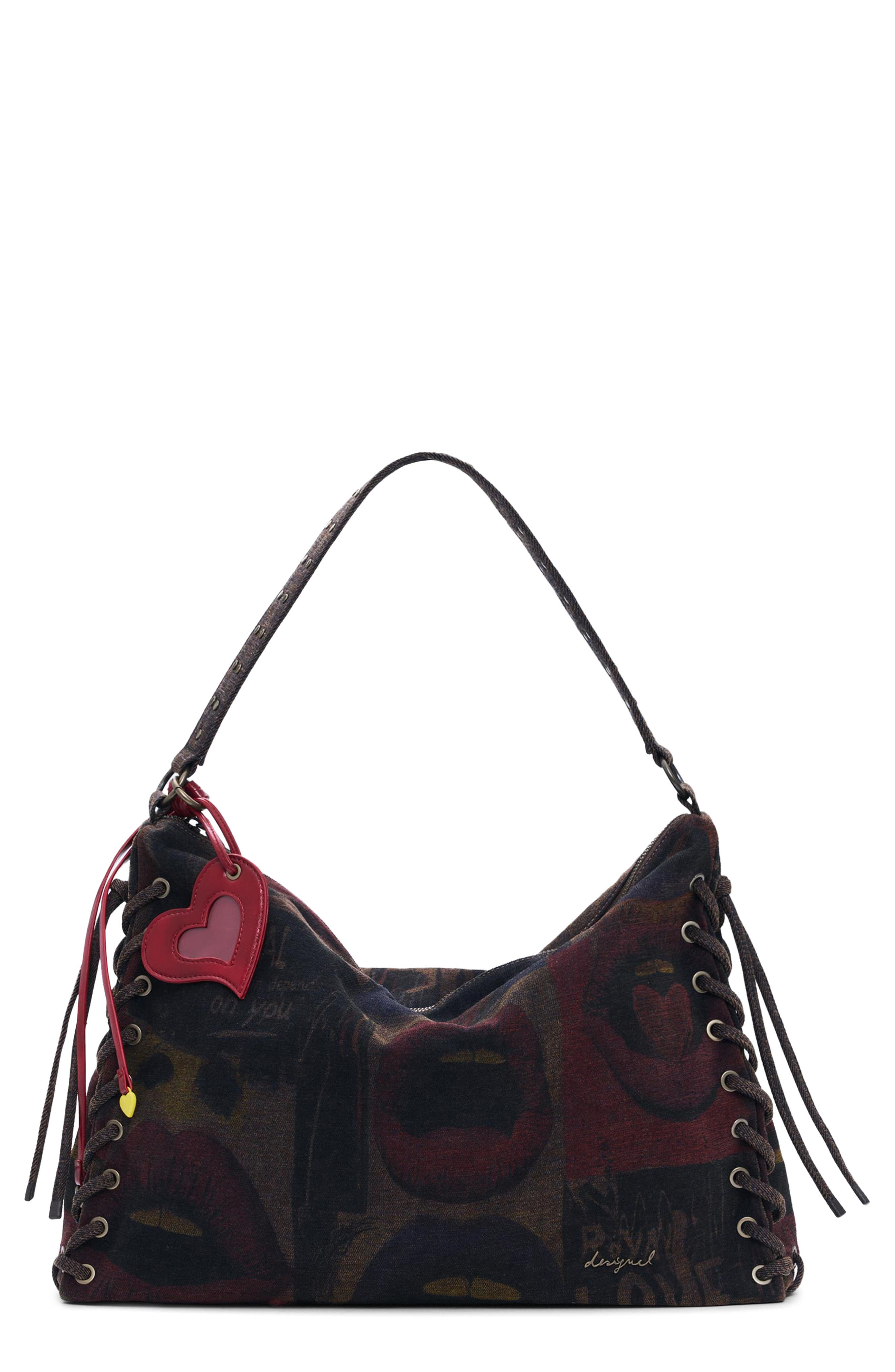 Desigual Lip Print Lace-Up Shoulder Bag, Main, color, 