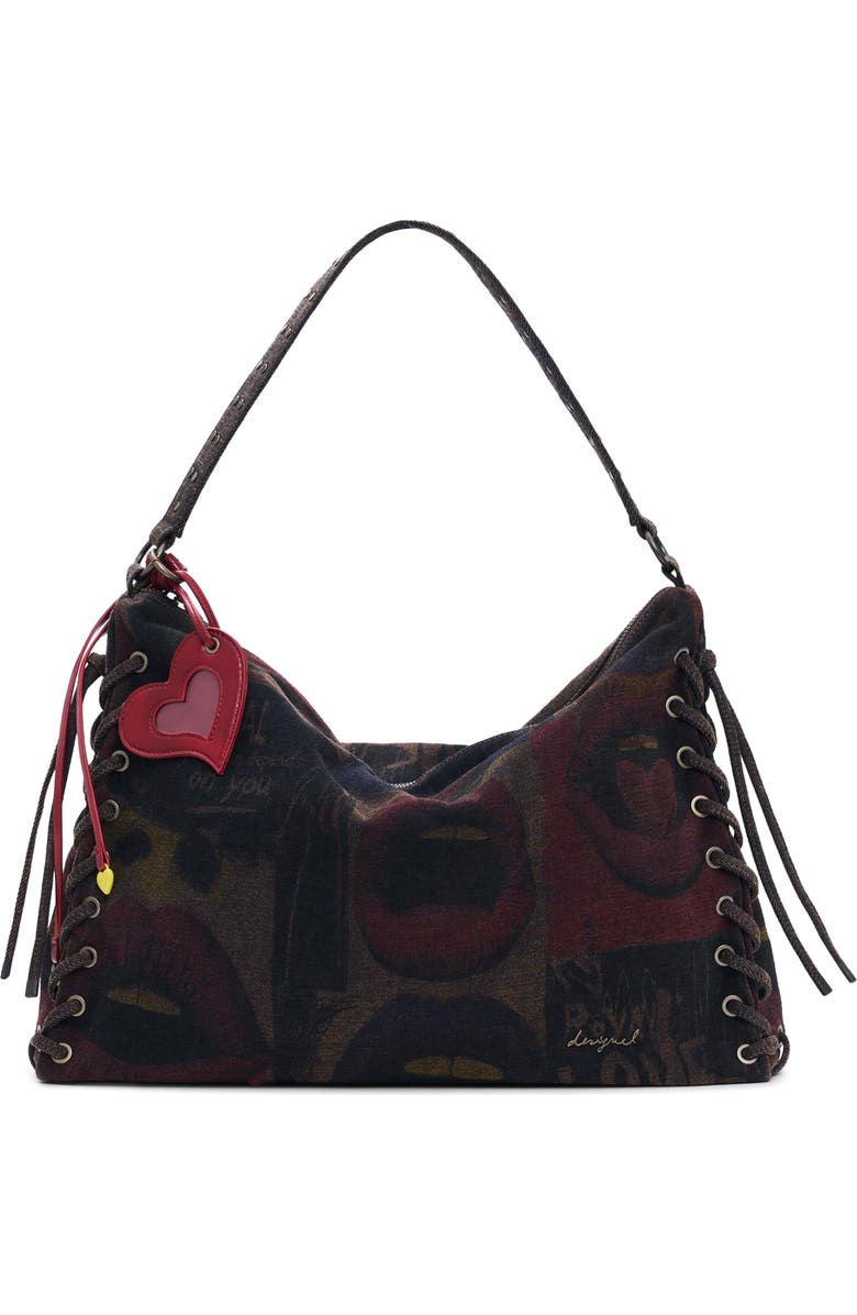 Desigual Lip Print Lace-Up Shoulder Bag, Main, color,