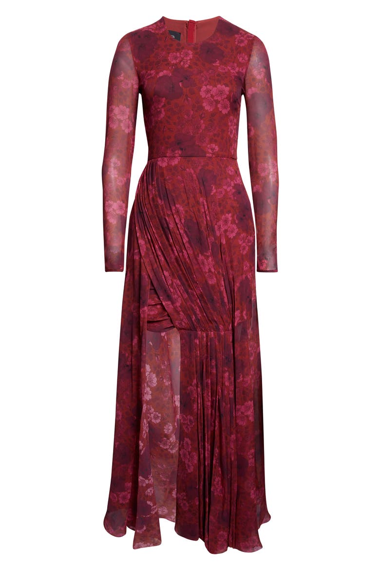 Anemones Draped Long Sleeve Silk Dress, Alternate, color, BRICK MULTI