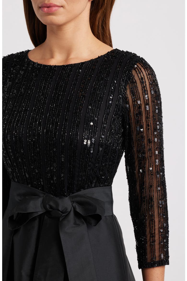 Bow Long Sleeve Sequin & Taffeta Gown, Alternate, color, BLACK