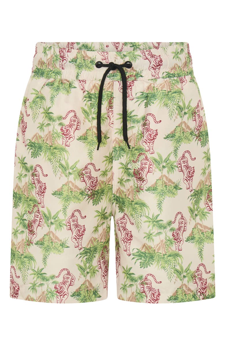 TINY TRIBE Kids' Tiger Island UPF 50+ Swim Trunks, Main, color, Grey Multi