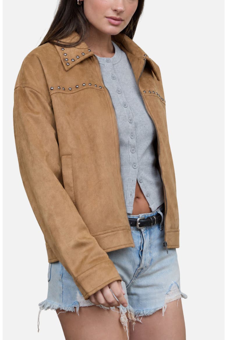 Studded Faux Suede Collar Jacket, Alternate, color, CAMEL