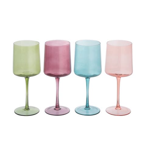 Hand Blown Stemmed Wine Glasses, 14 Ounces, 4 Assorted Colors